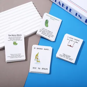 Detail view of funny emotional support card set, cute cartoon designs with humorous text.