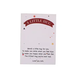 Pocket hug greeting card detail shot, warm English text print, premium cardstock material.