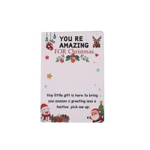 Detailed view of a Christmas greeting card featuring cute Santa and snowman prints for gifts.