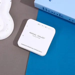 White square press-on nail packaging display card box with size options and English text.