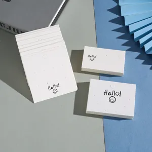 Detail view of white paper earring cards featuring cute smile print and Hello text.