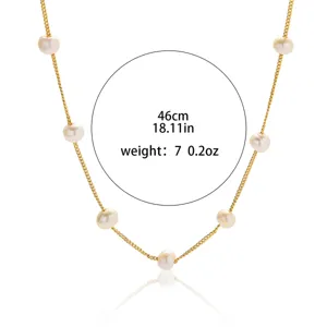 Elegant 18.11in gold chain necklace featuring spaced freshwater pearls, perfect for daily wear.