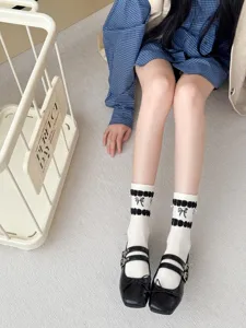 Japanese style bow crew socks and black Mary Jane shoes set, cute sweet college style daily outfit.