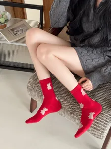 Women's Red Cute Animal Jacquard Mid-Tube Socks Autumn Winter Cozy Cotton Terry Casual Wear