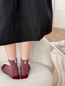 Women striped crew socks with faux pearl, autumn winter casual vintage knit hosiery.