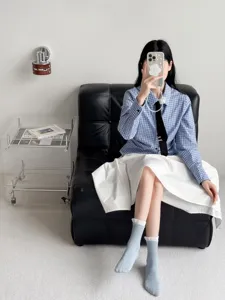 Light blue mid-calf cotton socks with double ribbed cuffs, soft and breathable daily wear.