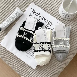 Japanese style bow mid-tube socks with pearl decoration sweet college style cotton socks 3 colors