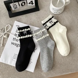 Cute bow pearl mid-calf socks for women, Japanese style aesthetic cotton cute hosiery.