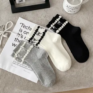 Japanese style bow mid tube socks women college style cute cotton socks detail view