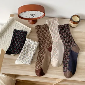 Katoenen halfhoge sokken met ruitpatroon Koreaanse stijl casual mode detailweergave