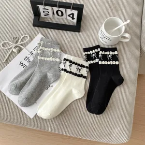 Japanese sweet style bow pearl mid-calf cotton socks fashion cute casual socks for