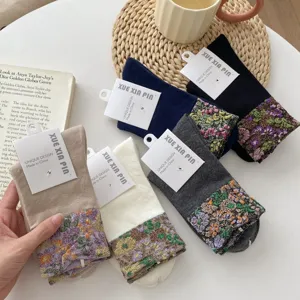 Vintage floral mid-calf socks, cozy literary style cotton knit winter socks with cute flower cuffs.