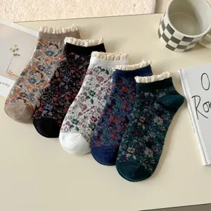 Women Cute Floral Lace Trim Short Socks Japanese Style Cotton Casual Crew Socks Soft Breathable Everyday Footwear