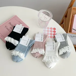 Women's ruffled mid-tube socks comfortable combed cotton solid color cute breathable daily wear