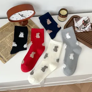 Cute cartoon bunny embroidered mid-calf women socks soft cotton casual daily wear pairs