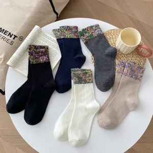 Vintage floral cuff mid-calf socks cozy retro autumn winter casual cotton socks for women