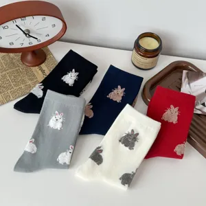 Cute cartoon rabbit fleece mid-tube socks for women, cozy winter thermal casual hosiery.