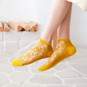 Women summer retro yellow hollow mesh short socks cute vintage breathable lace ankle socks