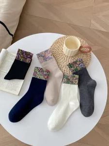 Cozy vintage floral cuff mid-tube socks, retro autumn winter warm casual cotton socks