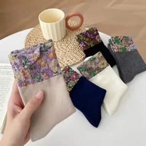 Vintage ethnic style floral mid-calf socks for women, cozy knitted cotton warm hosiery.