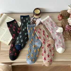 Vintage floral mid-calf socks retro patterned crew socks cozy knit winter socks for women