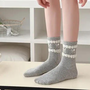 Japanese style women grey mid-calf socks with white bows pearls sweet college cotton socks.