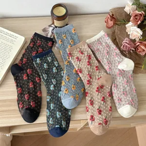 Women vintage retro floral jacquard mid tube socks autumn winter cozy cotton hosiery
