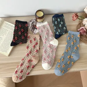 Women vintage 3D cherry cable knit mid tube socks stylish autumn winter cozy hosiery