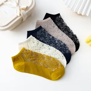 Women lace mesh low cut socks spring summer vintage floral boat socks breathable 5 pairs set