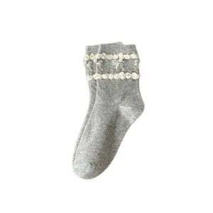 Japanese style sweet bow pearl mid-tube cotton socks for women daily college fashion wear