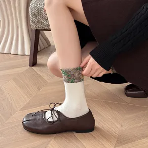 Retro ethnic floral mid-tube socks for women, vintage autumn winter cozy cotton hosiery casual.