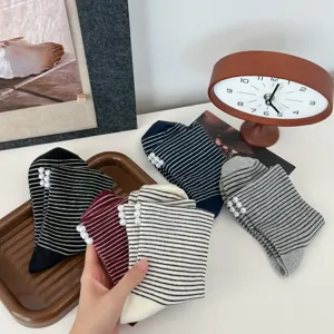 Cute striped pearl crew socks sweet student style daily casual cotton hosiery details