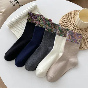 retro floral crew socks women vintage knit autumn winter comfortable casual long socks