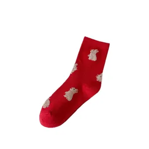 Cute red winter mid-tube socks featuring charming beige animal jacquard patterns daily.