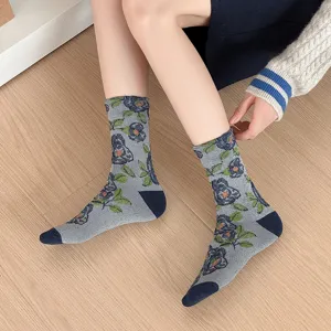 Women Retro Floral Mid Tube Socks Cotton Blend Casual Comfortable Breathable Crew Socks