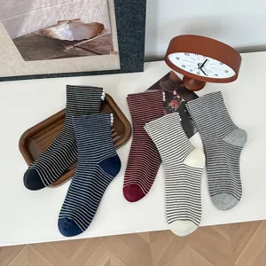 Women striped slouch socks with cute pearl cuffs, Korean style cozy casual cotton hosiery for daily.