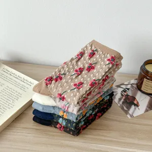 Vintage floral jacquard mid-tube socks with 3D cherry accents for women cozy stylish