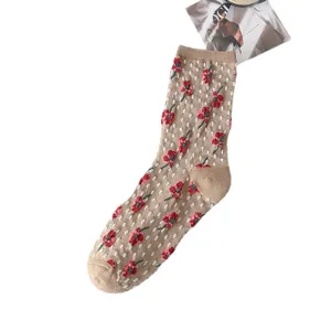 Vintage retro floral embroidered mid-tube socks for women, cozy and stylish everyday wear.