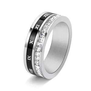 Stainless steel Roman numeral crystal ring, fashion rotatable design women jewelry gift.