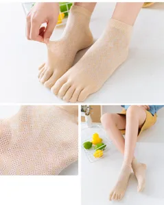 Detail view showing breathable mesh fabric and wearing scene of women five-toe socks.