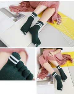 Women cotton toe socks autumn winter mid-calf green two stripe athletic student five finger socks
