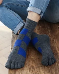 Men's thick cotton five toe socks detail view, cozy winter mid tube knit with blue square block pattern.