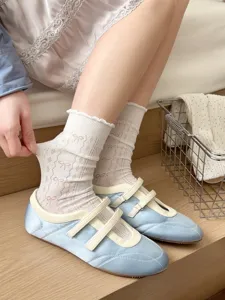 White mesh bow mid-calf socks summer thin cute lace ballet core stacking socks detail view