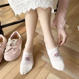Comfortable summer women invisible boat socks with cute cartoon embroidery and anti-slip grip.