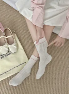 Japanese style mid-calf socks for women, cute frilly lace trim, breathable mesh design.