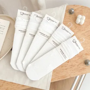 White women mid-calf socks ruffle stacked socks soft combed cotton daily wear 1 pair