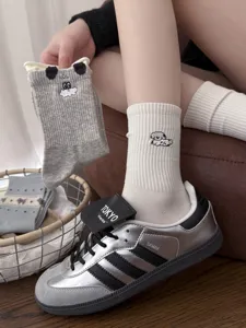 Cute cartoon puppy embroidered cotton mid-tube socks for women, spring summer fashion style.