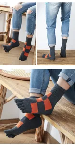 Men's cotton thickened five-toe mid-tube socks with orange checkered pattern detail view.