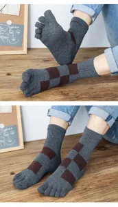 Detail shot of men's thick cotton five-toe socks with checkered pattern, warm winter wear.