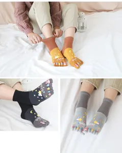 Detail view of cute cartoon toe socks for women, breathable cotton five finger mid-tube socks.